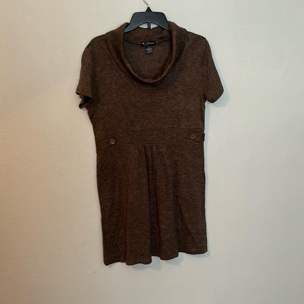 EUC M Delicious brown/tan sweater dress cowl neck short sleeve